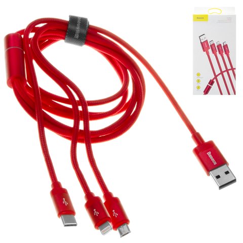 USB кабель Baseus Data Faction, USB тип C, USB тип A, micro USB тип B, Lightning, 120 см, 3,5 А, красный, в нейлоновой оплетке, 3 в 1, #CAMLT PY09