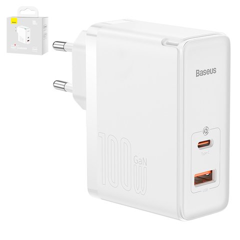 Mains Charger Baseus GaN5 Pro, 100 W, Quick Charge, white, with cable USB type C to USB type C, 2 outputs  #CCGP090202