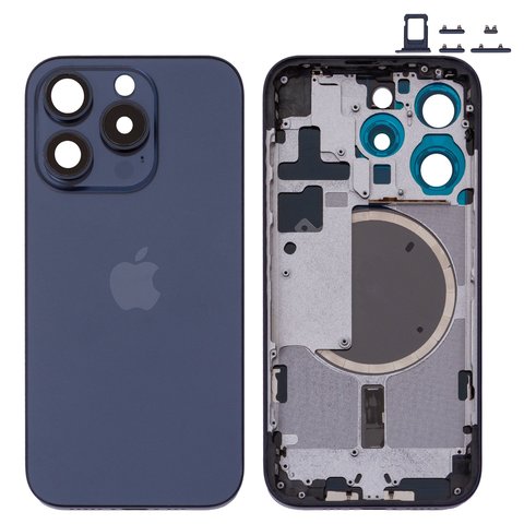 Carcasa puede usarse con iPhone 15 Pro, azul, con botones laterales,  con sujetador de tarjeta SIM, Original PRC , EU Version, blue titanium