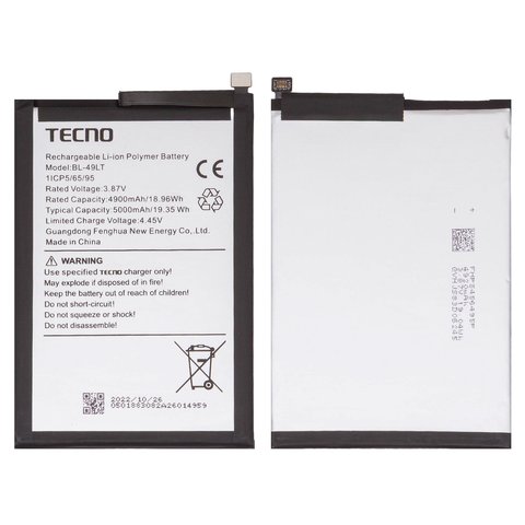 Batería BL 49LT puede usarse con Tecno Camon 19, Li Polymer, 3.87 V, 5000 mAh, Original PRC 