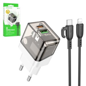 Мережевий зарядний пристрій Borofone BA80A, 20 Вт, Quick Charge, Power Delivery PD , чорний, прозорий, з кабелем USB тип C до Lightning для Apple, 2 порта, #69419911105166